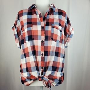 Eden & Olivia Tie Plaid Cap Sleeve Shirt Large